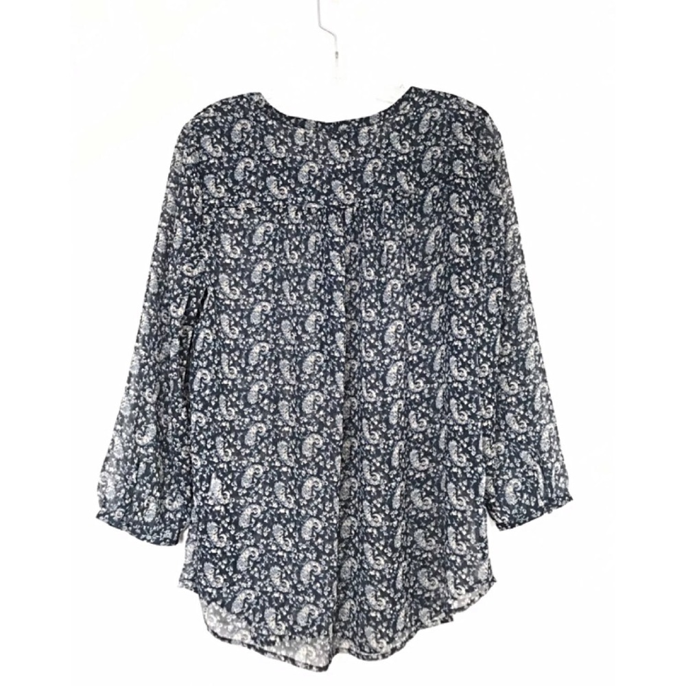 ๐ Lucky Brand Sheer Boho Paisley Blouse | Blue Floral Peasant Top Size L - Picture 2 of 8